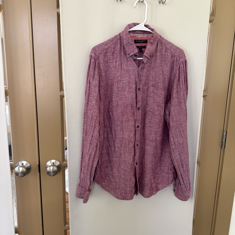 Banana Republic Men's Large Red 100% Linen Long Sleeve Button Down Shirt Collar
